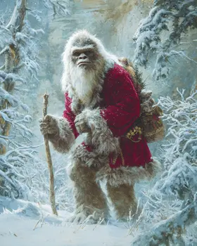 Bigfoot Santa Claus Hiking Christmas Art Print - 8"x10" Artwork