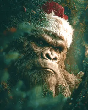 Bigfoot Santa Claus Hiding Christmas Art Print - 8"x10" Artwork