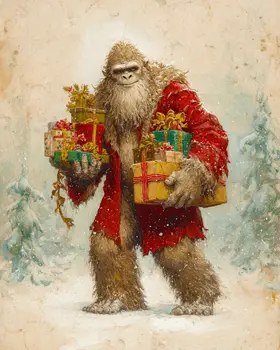 Antique Style Bigfoot Santa Claus Christmas Art Print - 8"x10" Artwork