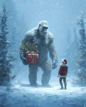 Bigfoot Santa Claus Chance Meeting Christmas Art Print - 8"x10" Artwork