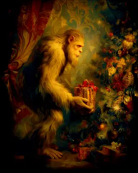 Bigfoot Santa Claus Gift Christmas Art Print - 8"x10" Artwork