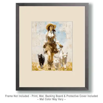 Cowgirl Walking Cats and Dog Western Art Print - 8"x10" Artwork