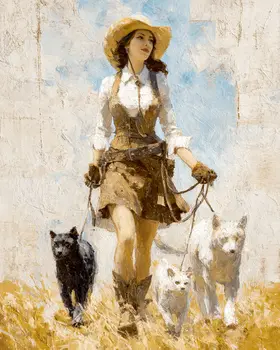 Cowgirl Walking Cats and Dog Western Art Print - 8"x10" Artwork