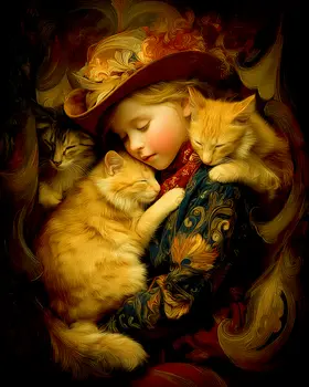 Young Cowgirl Sleeping with Her Cats Western Art Print - 8"x10" Artwork