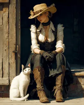 Cat Waiting with Cowgirl Western Art Print - 8"x10" Artwork
