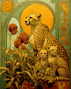 Nouveau Cheetah Mom & Cubs Big Cats Art Print - 8"x10" Artwork