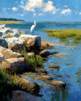 Lone Egret on Coast - Wholesale Coastal Art Print - 8"x10" Artwork