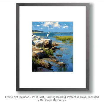 Lone Egret on Coast - Wholesale Coastal Art Print - 8"x10" Artwork