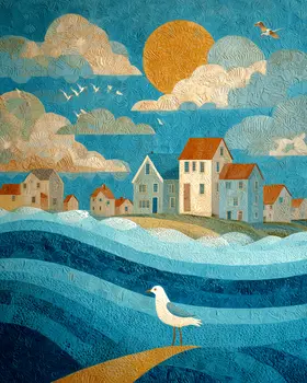 Folk Art Fishing Village - Wholesale Coastal Art Print - 8"x10" Artwork