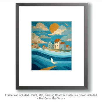 Folk Art Fishing Village - Wholesale Coastal Art Print - 8"x10" Artwork