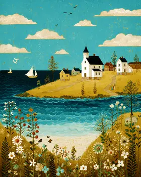 Folk Art Church on Coast - Wholesale Coastal Art Print - 8"x10" Artwork