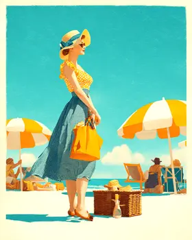 1950's Lady on Beach - Wholesale Coastal Art Print - 8"x10" Artwork