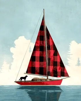 Black Dog on Buffalo Plaid Sailboat - Wholesale Coastal Art Print - 8"x10" Artwork