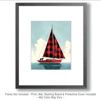 Black Dog on Buffalo Plaid Sailboat - Wholesale Coastal Art Print - 8"x10" Artwork