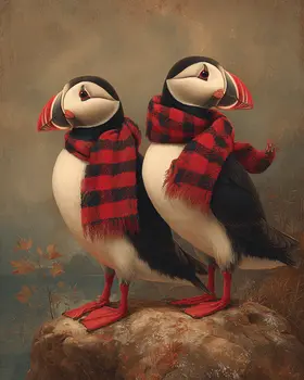 Puffins Wearing Buffalo Plaid Scarves - Wholesale Coastal Art Print - 8"x10" Artwork