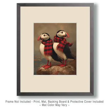 Puffins Wearing Buffalo Plaid Scarves - Wholesale Coastal Art Print - 8"x10" Artwork