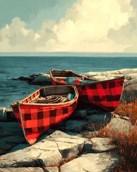 Buffalo Plaid Fishing Canoes - Wholesale Coastal Art Print - 8"x10" Artwork