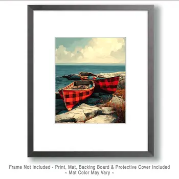 Buffalo Plaid Fishing Canoes - Wholesale Coastal Art Print - 8"x10" Artwork