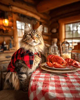 Maine Coon Cat Having a Lobster Dinner - Wholesale Coastal Art Print - 8"x10" Artwork