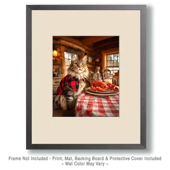 Maine Coon Cat Having a Lobster Dinner - Wholesale Coastal Art Print - 8"x10" Artwork