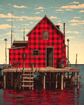 Buffalo Plaid Dock House - Wholesale Coastal Art Print - 8"x10" Artwork