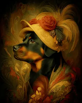Rottweiler Wearing a Hat Nouveau Pet Dog Art Print - 8"x10" Artwork