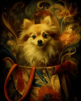 Pomeranian in a Handbag Nouveau Pet Dog Art Print - 8"x10" Artwork