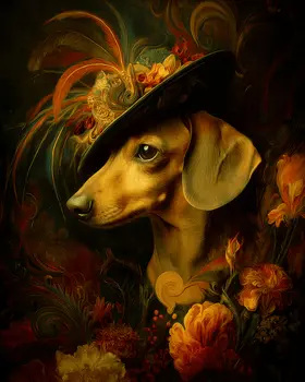 Dachshund Wearing a Hat Nouveau Pet Dog Art Print - 8"x10" Artwork
