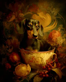 Dachshund Pup in a Cup Nouveau Pet Dog Art Print - 8"x10" Artwork