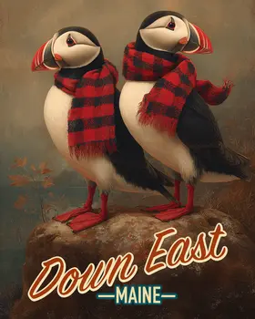 Down East Maine Puffins with Buffalo Plaid Scarves - Wholesale Maine Art Print - 8"x10" Artwork