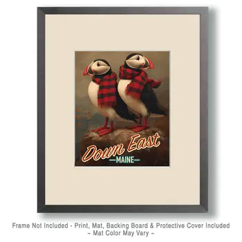 Down East Maine Puffins with Buffalo Plaid Scarves - Wholesale Maine Art Print - 8"x10" Artwork