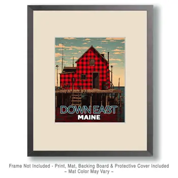 Down East Maine Buffalo Plaid Dock House - Wholesale Maine Art Print - 8"x10" Artwork