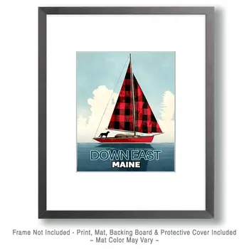 Black Dog on Buffalo Plaid Sailboat - Wholesale Maine Art Print - 8"x10" Artwork