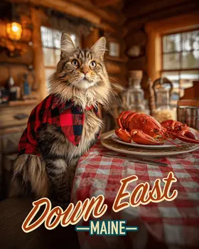 Down East Maine Coon Cat Having a Lobster Dinner - Wholesale Maine Art Print - 8"x10" Artwork