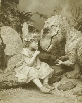 Young Fairy Telling Young T-Rex a Dinosaur Story - Antique Style Photo - Fairies Art Print - 8"x10" Artwork