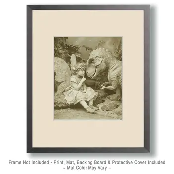Young Fairy Telling Young T-Rex a Dinosaur Story - Antique Style Photo - Fairies Art Print - 8"x10" Artwork