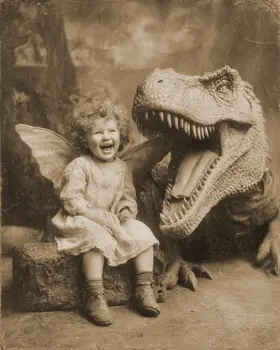 Young Fairy Telling T-Rex a Dinosaur Joke - Antique Style Photo - Fairies Art Print - 8"x10" Artwork