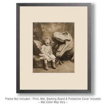Young Fairy Telling T-Rex a Dinosaur Joke - Antique Style Photo - Fairies Art Print - 8"x10" Artwork