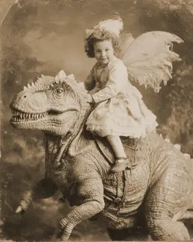 Fairy Riding a T-Rex Dinosaur - Antique Style Photo - Fairies Art Print - 8"x10" Artwork