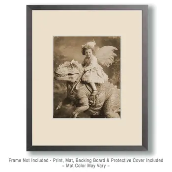 Fairy Riding a T-Rex Dinosaur - Antique Style Photo - Fairies Art Print - 8"x10" Artwork