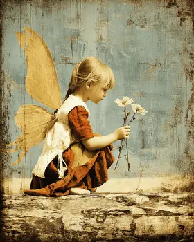 Vintage Young Fairy with Flowers - Fairies Art Print - 8"x10" Artwork