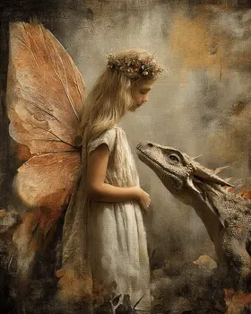 Dragon Meets Fairy - Fairies Art Print - 8"x10" Artwork