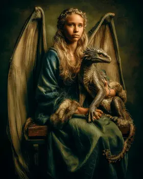 Batwing Fairy Holding Her Dragon - Fairies Art Print - 8"x10" Artwork