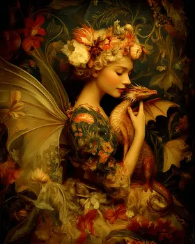 Vintage Victorian Fairy with Her Dragon - Fairies Art Print - 8"x10" Artwork