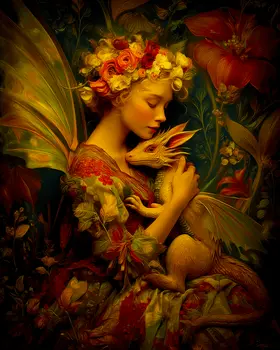 Vintage Victorian Fairy Holds Her Dragon - Fairies Art Print - 8"x10" Artwork