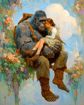 Whimsical Bigfoot Holding Woman - Fairies Art Print - 8"x10" Artwork