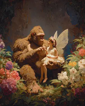 Bigfoot Helps Fairy - Fairies Art Print - 8"x10" Artwork