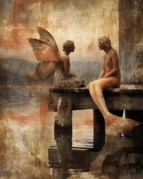 Fairy and Mermaid on a Dock - Fairies Art Print - 8"x10" Artwork