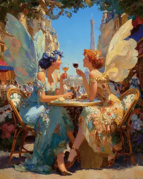 Fairy Meetup Over Wine in Paris - Fairies Art Print - 8"x10" Artwork