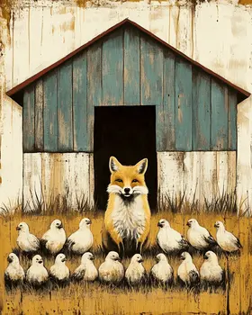 Fox with Chickens Vintage Farm Life Farmcore Art Print - 8"x10" Artwork
